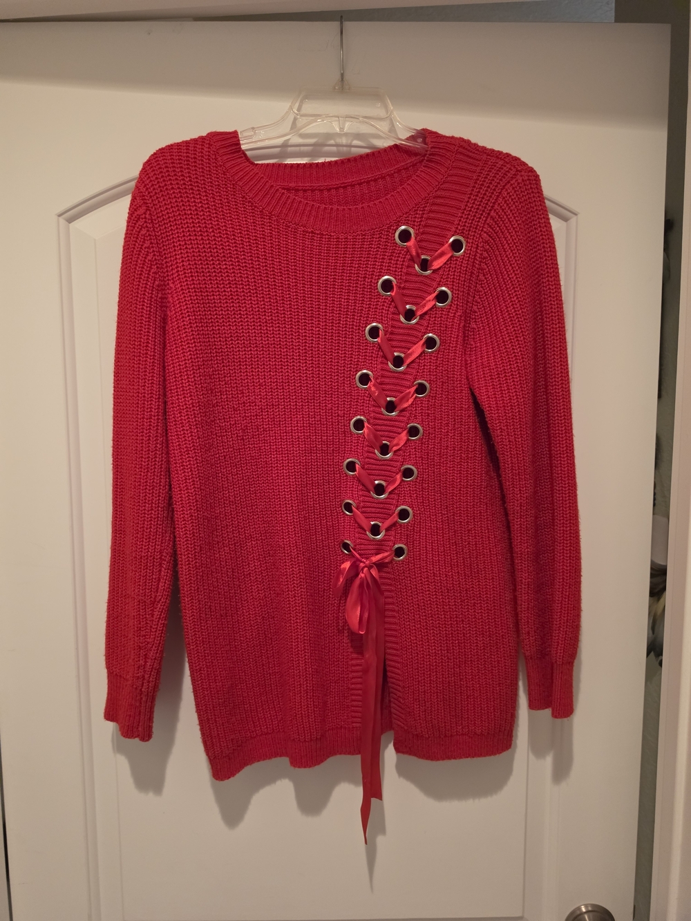 Red Lace-Up Knit Sweater - Women